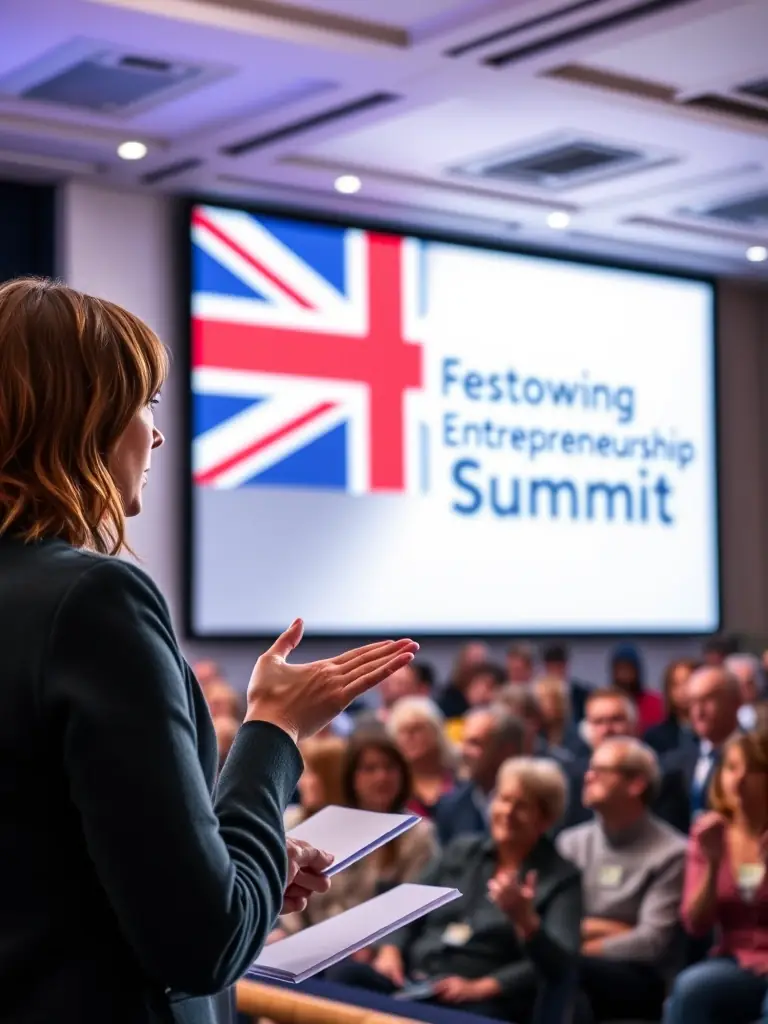 A photograph capturing a keynote speaker passionately addressing a large audience at the Annual Entrepreneurship Summit, with the UK flag subtly displayed in the background.