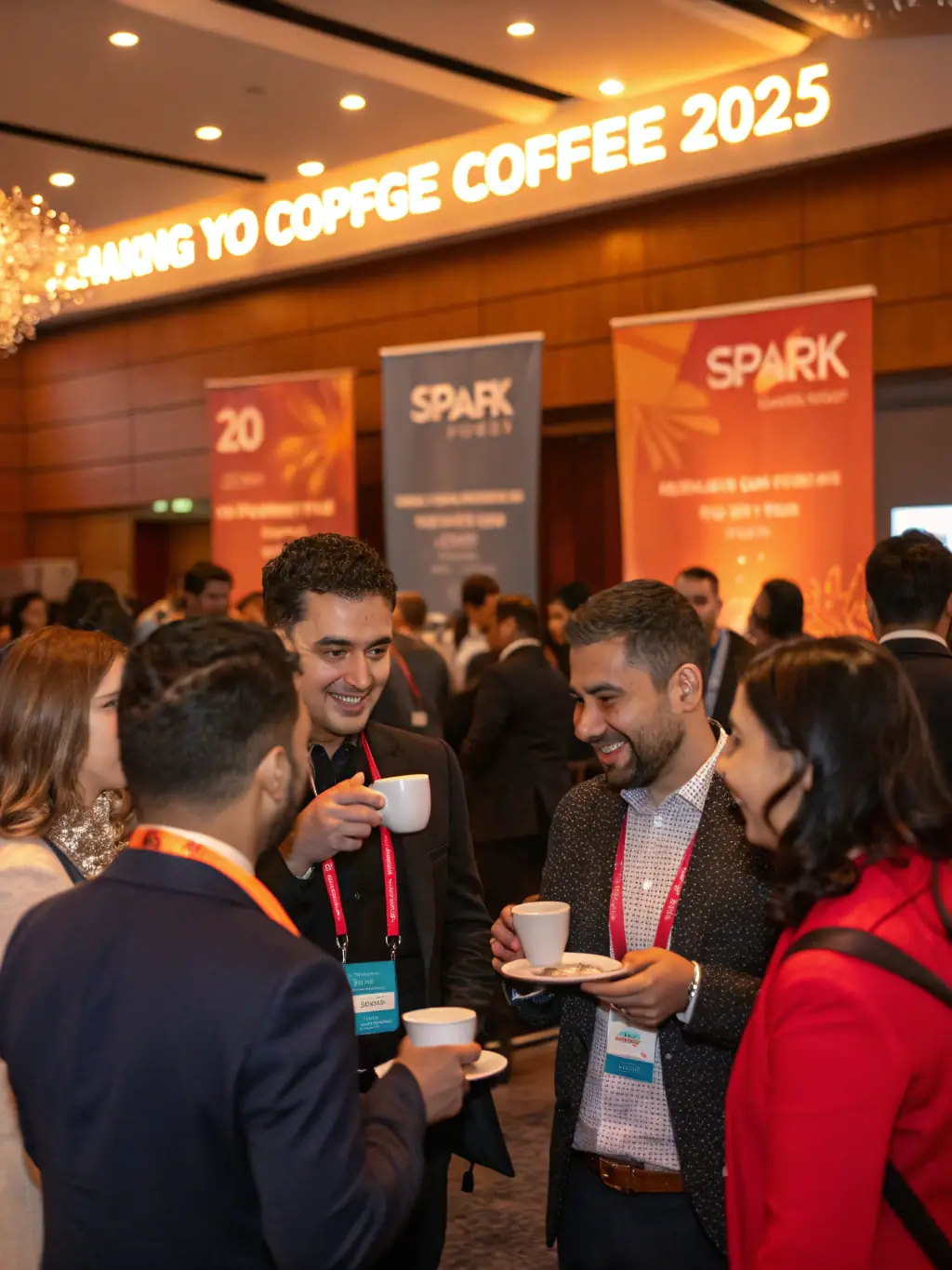 A candid shot of entrepreneurs networking during a coffee break at the summit, showcasing diverse participants engaged in conversation.