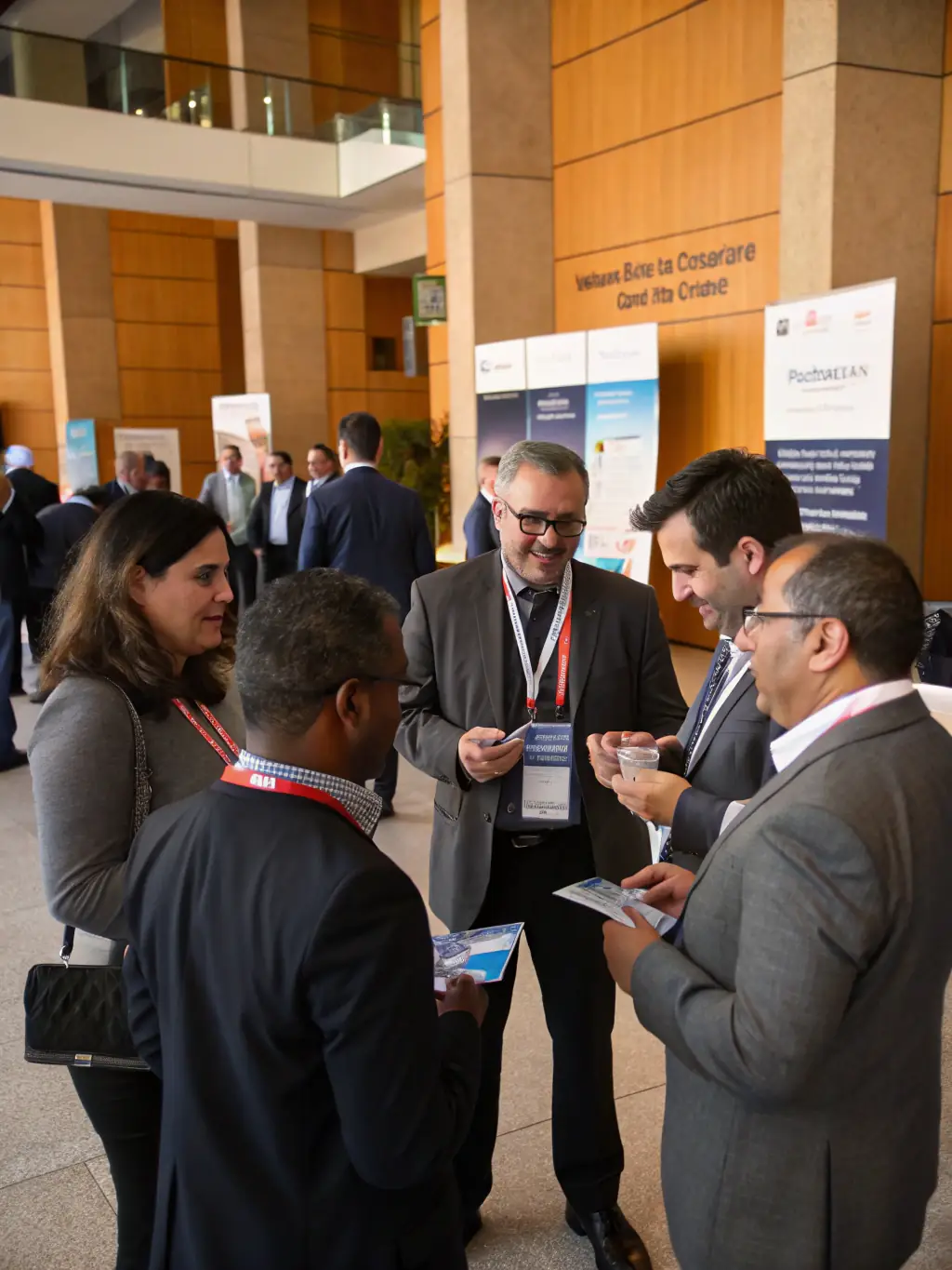 A photograph of a networking event at the Entrepreneurs Summit UK, with attendees engaging in conversations, exchanging business cards, and building connections.