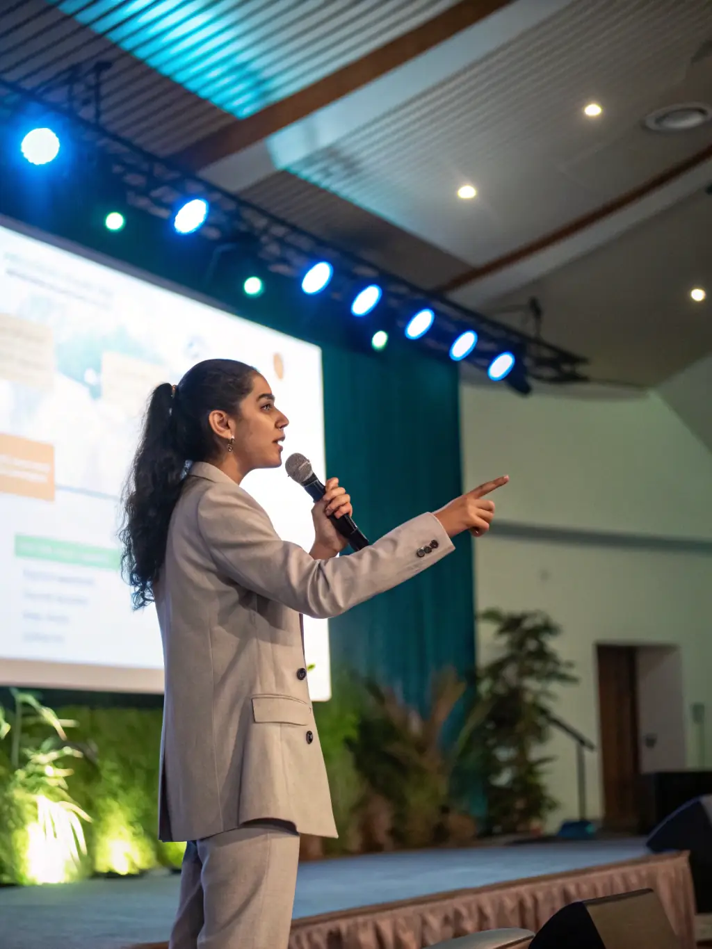 A photograph of a keynote speaker passionately addressing a large audience at the Entrepreneurs Summit UK, with the summit logo prominently displayed in the background.